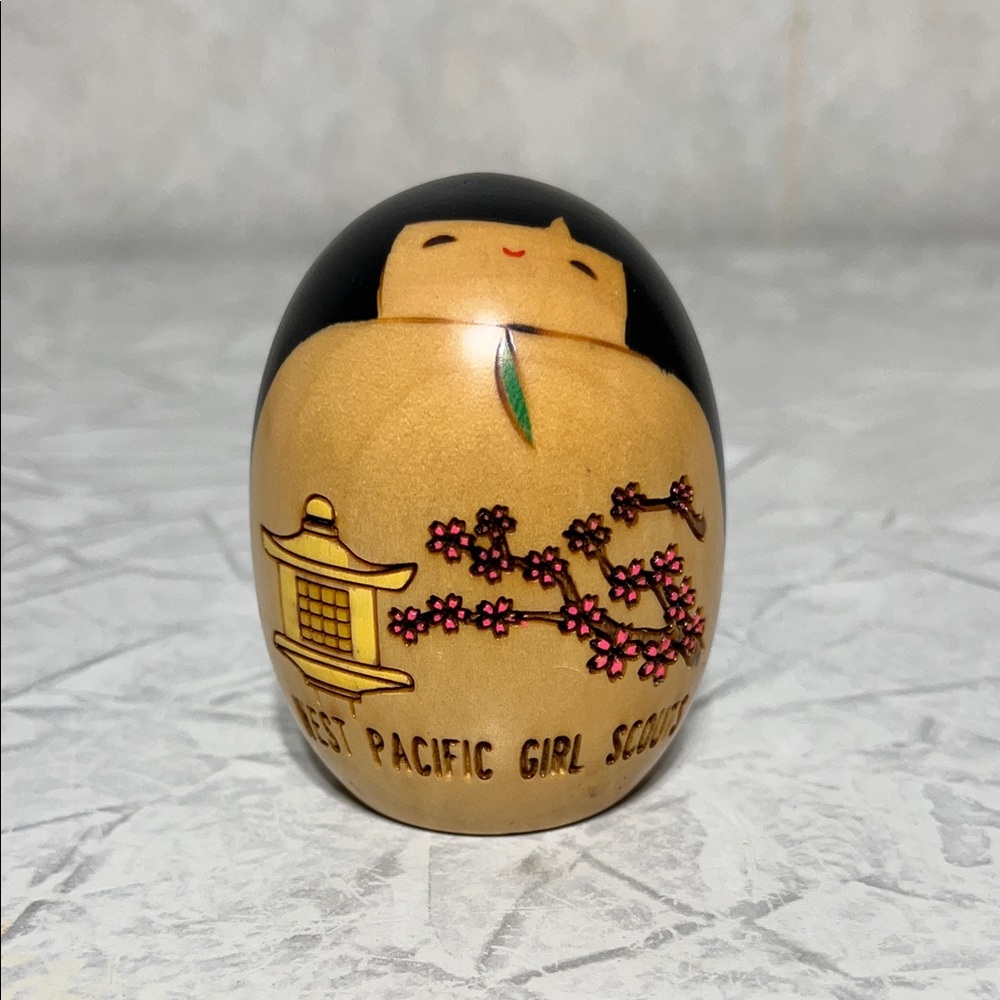 Wooden Kokeshi Doll West Pacific Girl Scouts with Cherry Blossom Design